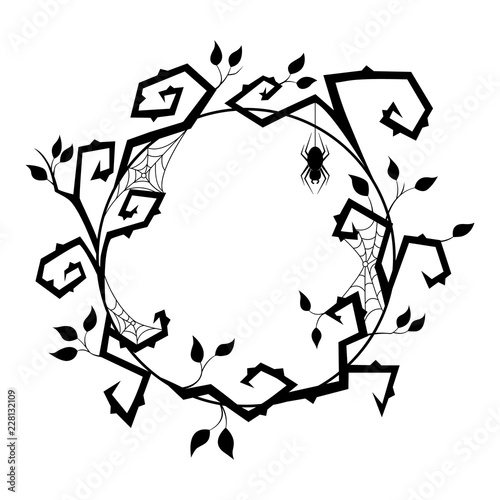 Halloween wreath with black branch, spider and spiderweb. Vector illustration.