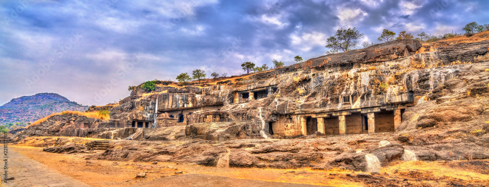 Panorama of Ellora caves 20-24. UNESCO world heritage site in Maharashtra, India