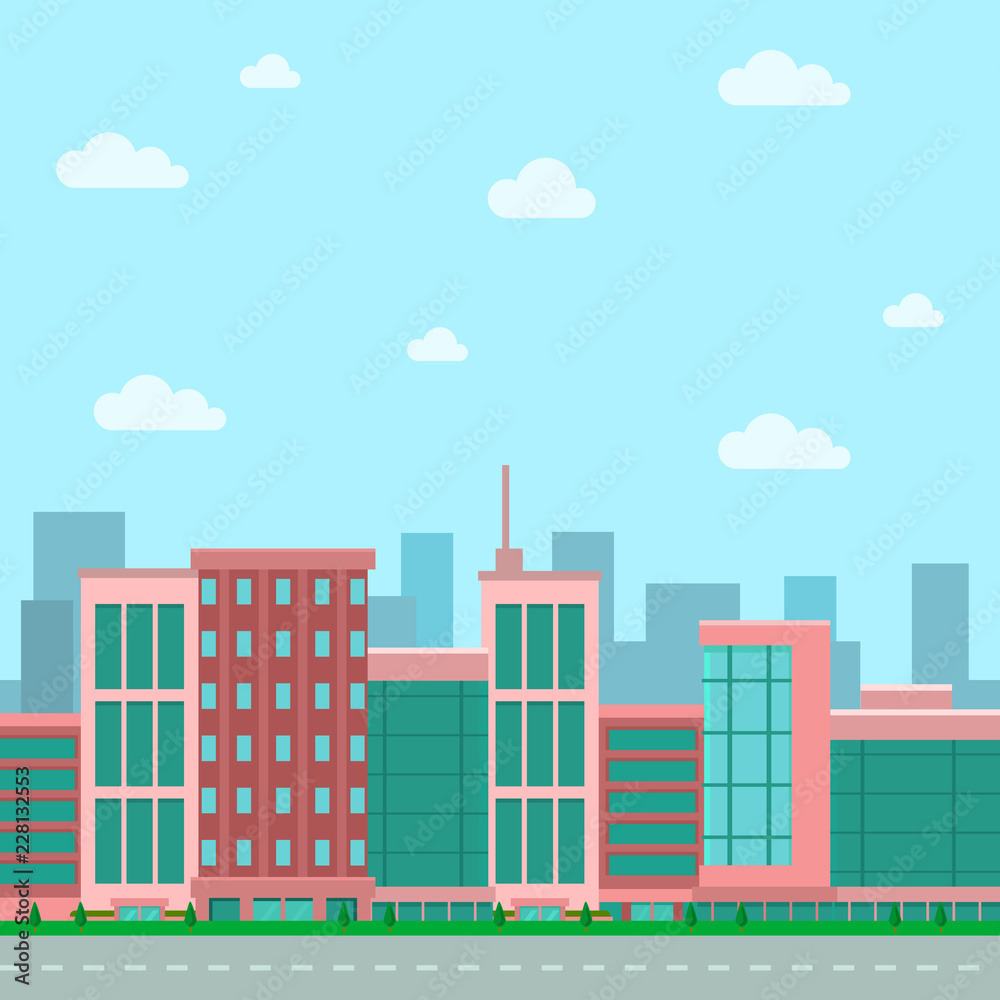 vector flat cartoon city building scene with skyscraper architecture illustration