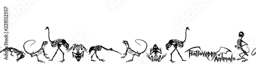 Halloween animals - black skeletons of reptiles (crocodiles, lizards, frogs), monkeys and birds (ostriches and herons) on white background. Narrow seamless pattern.