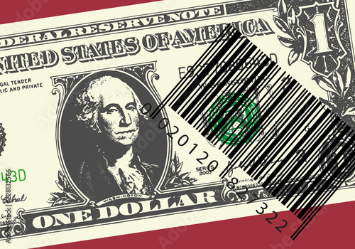 Le commerce internationnal symbolisé par un billet de un dollar associé à un code barre 