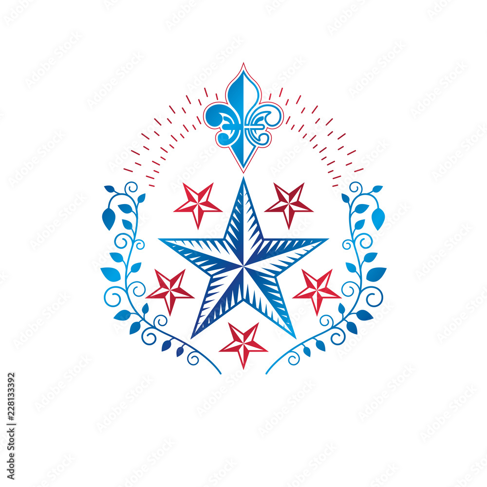 Ancient Star emblem decorated with lily flower and floral ornament. Heraldic vector design element, 5 stars award symbol.  Retro style label, heraldry logo.