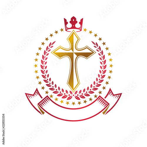 Christian Cross golden emblem created with royal crown, laurel wreath and luxury ribbon. Heraldic Coat of Arms decorative logo isolated vector illustration. Religion and spirituality symbol.