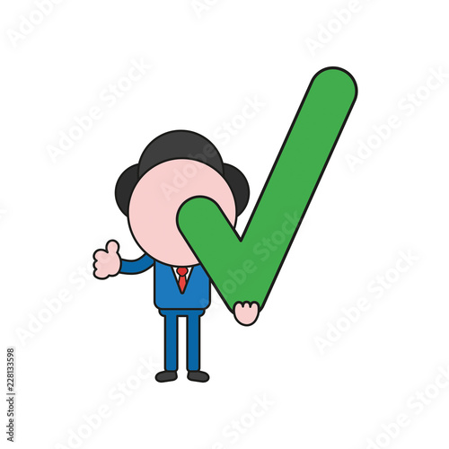 Vector illustration of businessman character holding check mark and giving thumbs-up. Color and black outlines.
