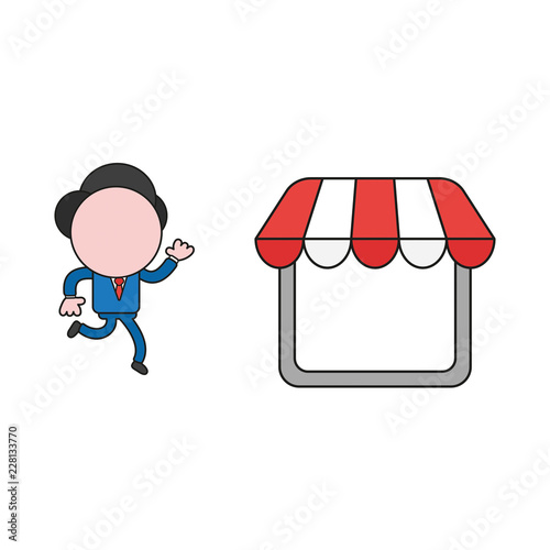 Vector illustration of businessman character running to shop store. Color and black outlines.