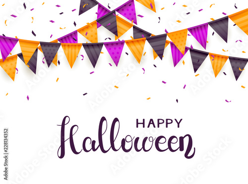 Happy Halloween with Pennants and Confetti on White Background