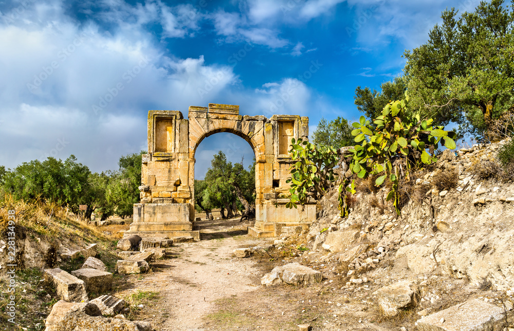 Arc of Emperor Severus Alexander at Dougga. UNESCO heritage site in Tunisia