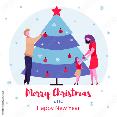 Modern cartoon flat characters family winter holidays,Merry Christmas happy New Year concept set.Flat small people happily decorating christmas tree with new year balls,celebrating holiday