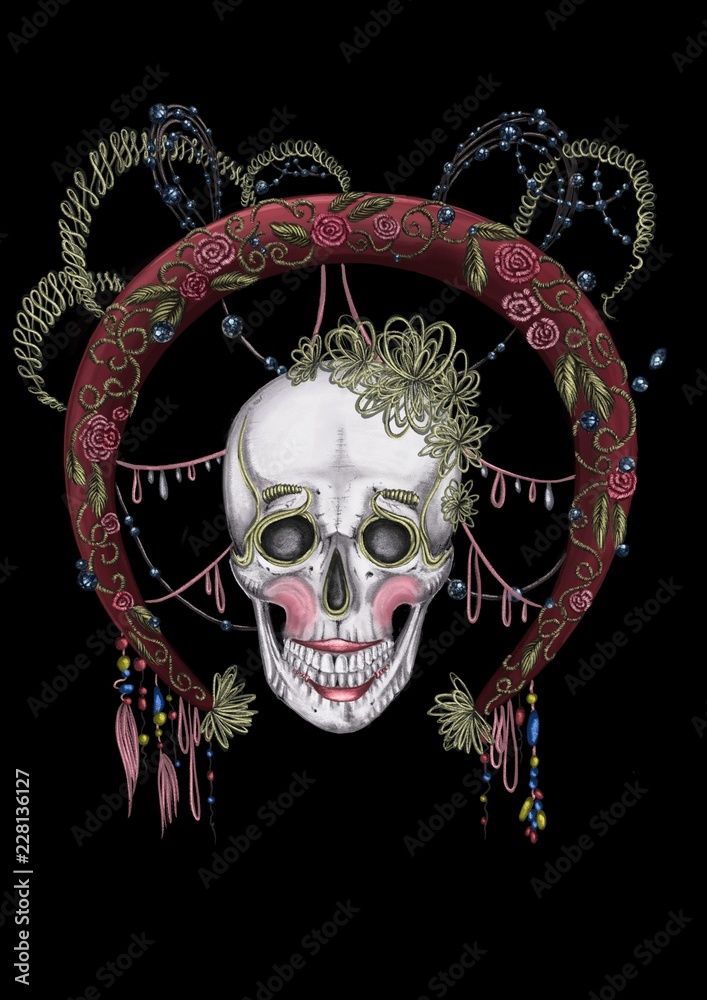 Day of death. Halloween. Illustration of a skull with makeup, red frame and  embroidered leaves and flowers on the black background. Stock Illustration  | Adobe Stock