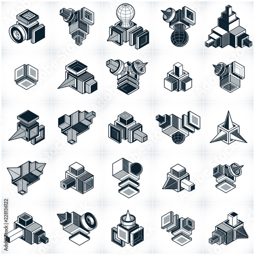 Abstract vectors, 3D simple geometric shapes set.