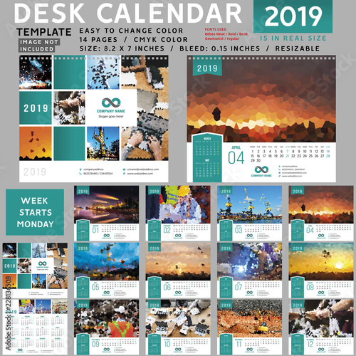 Desk calendar 2019, desktop calendar template, red calendar, Week starts on Monday, Vector Illustration, suitable for company, spiral calendar, teal calendar