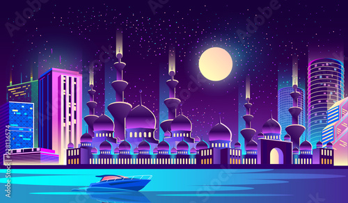 Vector background with night city in neon colors. Muslim culture, Arabic or Turkish urban concept. Bright mosque with domes, river with boat on full moon background. Minarets near with skyscrapers.