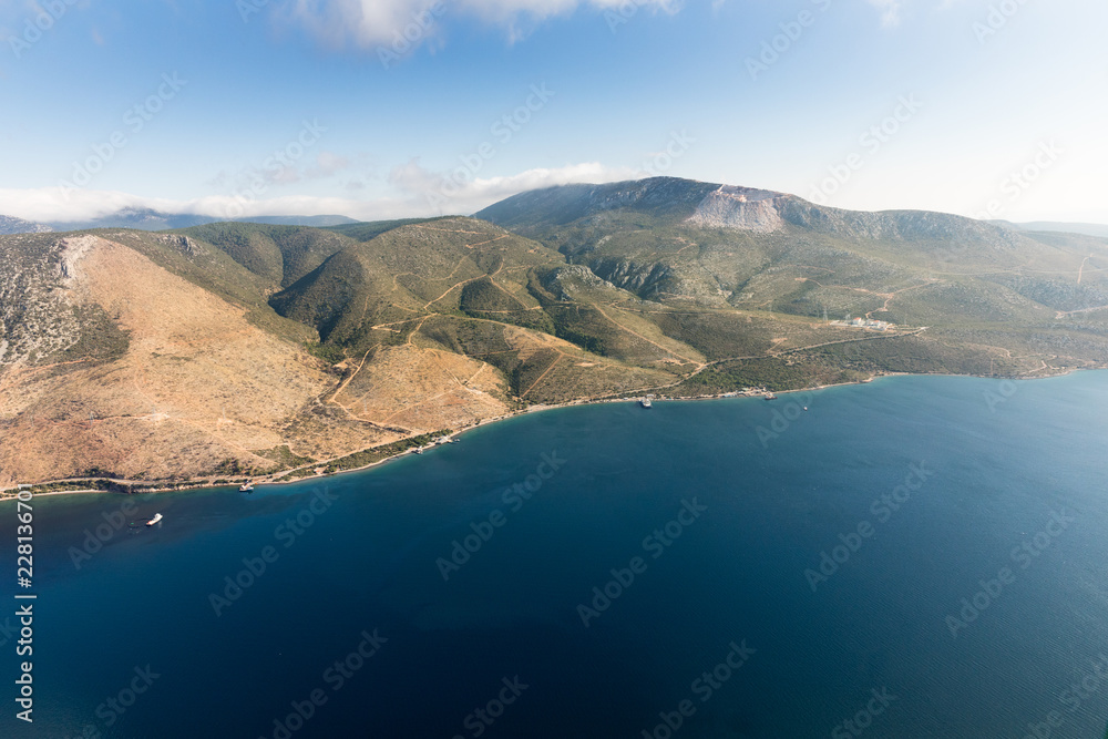 Aerial landscape with sea and mountains  from Karaburun Izmir Turkey