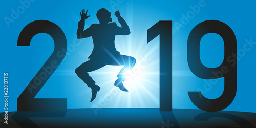 Carte de vœux 2019 avec un homme qui saute de joie pour exprimer sa réussite et celle de son entreprise