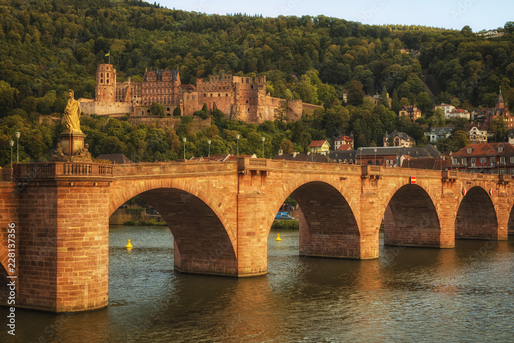 Old Bridge and castle of Heidelberg at sunset