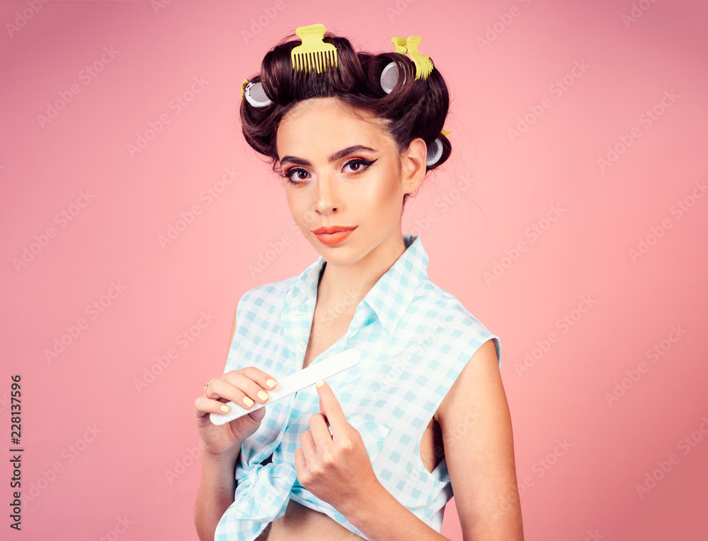 beauty salon and hairdresser. happy girl grooming in morning. Pinup girl. vintage housewife woman make manicure. retro woman with fashion makeup hair. Confident in her choice. Loving her new style beauty salon and hairdresser. happy girl grooming in morning. Pinup girl. vintage housewife woman make manicure. retro woman with fashion makeup hair. Confident in her choice. Loving her new style