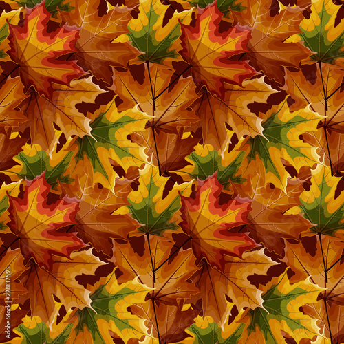 Autumn maple laves in different autumnal green, yellow, orange, red, brown colors seamless pattern on brown background.