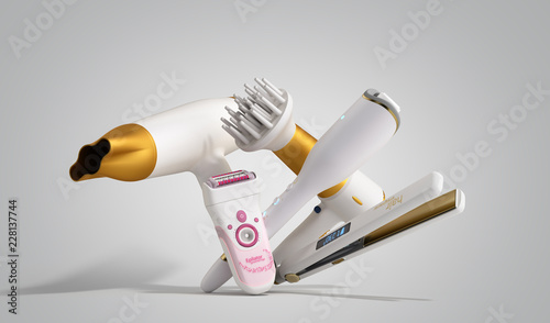 set of equipment for hair care hair dryer, epilator, curling iron, hair straightener 3d render on grey photo