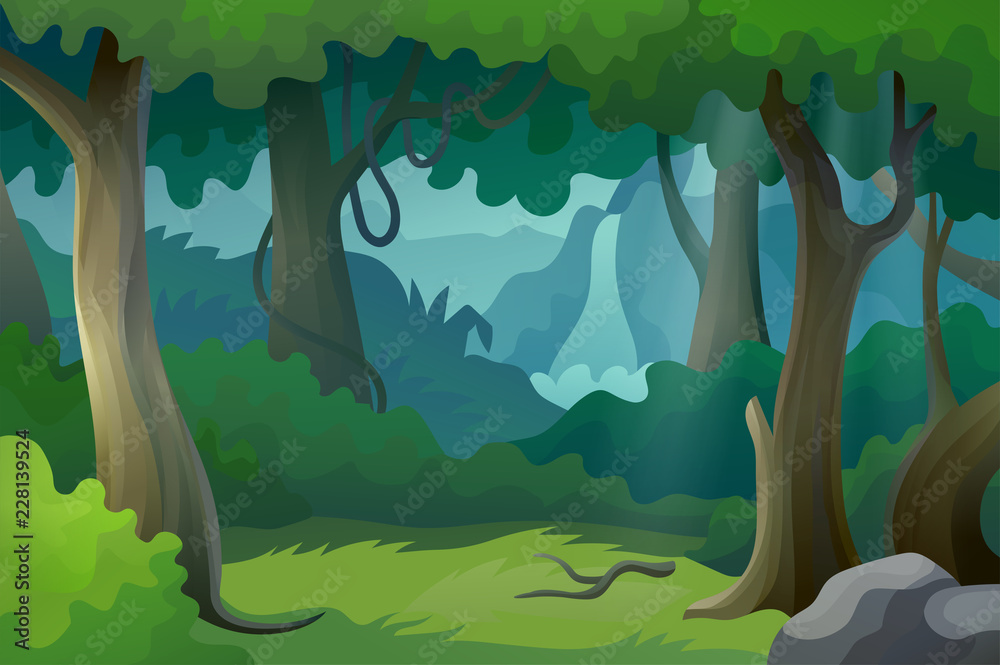 Naklejka premium Wektor piękny kreskówka las dżungla krajobraz z wodospadem dzikiej przyrody w tle