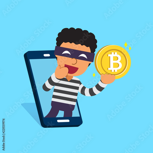 Vector cartoon cryptocurrency concept thief with smartphone and money for design.