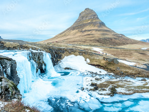 Winter freeze of Kirkjufell mountain  Iceland