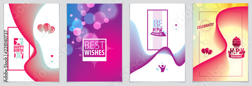 Birthday vector design for greeting card. Includes lettering composition and balloons combined with wavy fluid colorful shape abstract backgrounds collection.