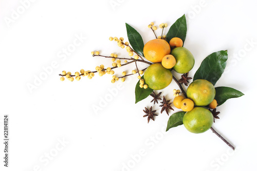 Christmas floral composition. Decorative corner, branch of tangerine citrus fruit and leaves, anise stars, yellow holly berries and little apples isolated on white table background. Flat lay, top view