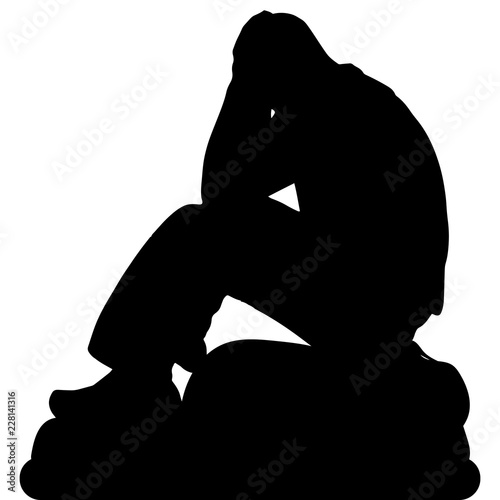 Sad man sitting close up on a stone, holding his hands behind his head, silhouette on a white background, vector