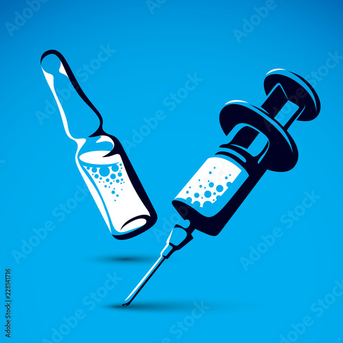 Vector graphic illustration of plastic disposable syringe for medical injections and ampoule with medicine. Antivirus vaccination concept.