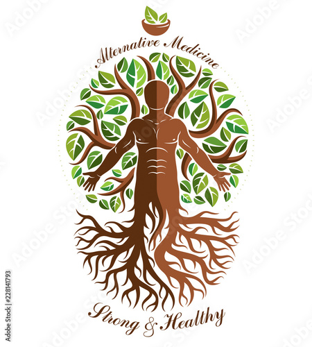 Φωτογραφία Vector graphic illustration of strong male depicted as continuation of tree and composed with mortar and pestle