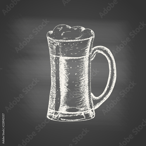 Chalk drawing of a glass mug with beer and beer foam overflowing over the edge on chalkboard. Hand drawn sketch in vintage engraving style. Light Alcohol Drink. Vector illustration for Oktoberfest.