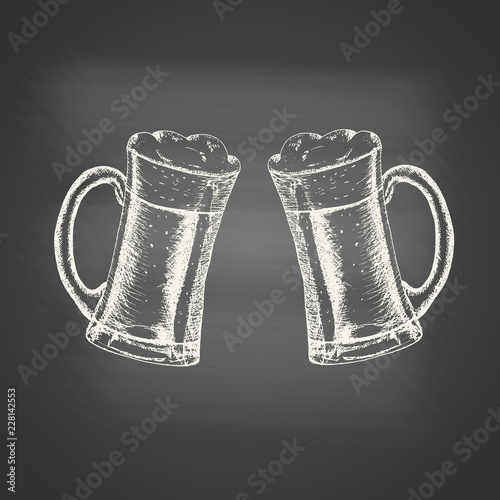 Glass mugs with beer and beer foam overflowing over the edge - chalk drawing on the blackboard. Hand drawn sketch in vintage engraving style. Light Alcohol Drink. Vector illustration for Oktoberfest.