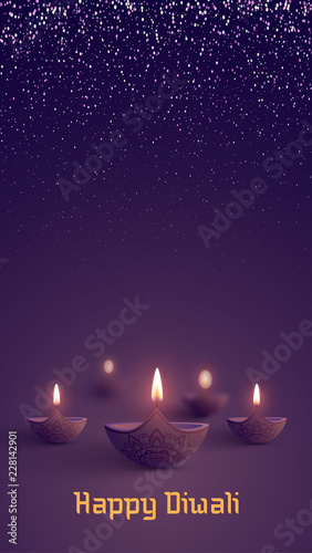 Purple shiny Happy Diwali background with oil lamps.