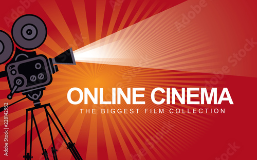 Vector online cinema poster with old fashioned movie projector. Vintage retro movie camera with light and video tape. Online cinema concept. Can be used for flyer, banner, poster, web page, background