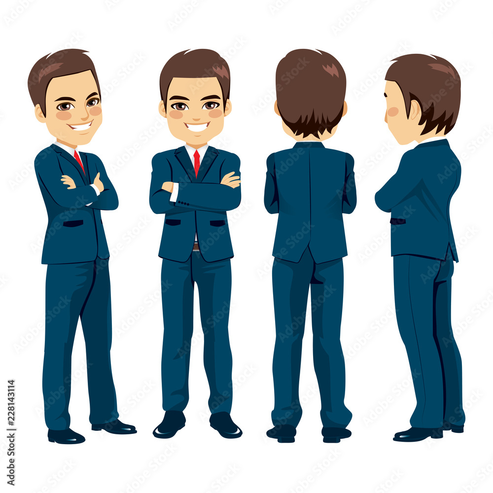Happy young adult businessman from different angle view