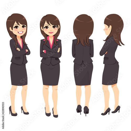Happy young adult businesswoman from different angle view