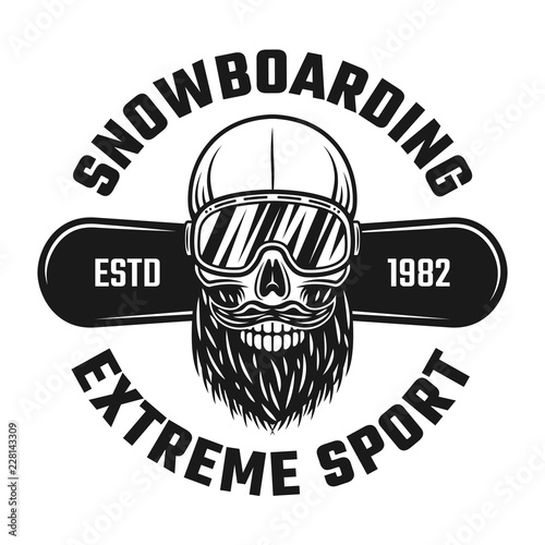 Bearded skull of snowboarder in ski glasses emblem