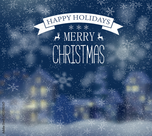 Merry Christmas and happy holidays blurred background with snow.