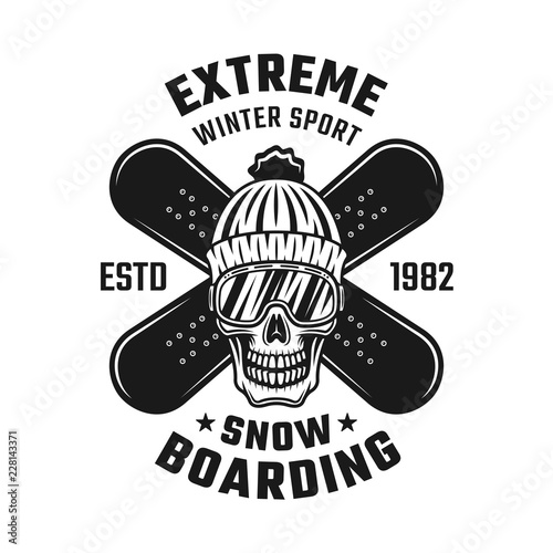 Snowboarding emblem with skull and two boards
