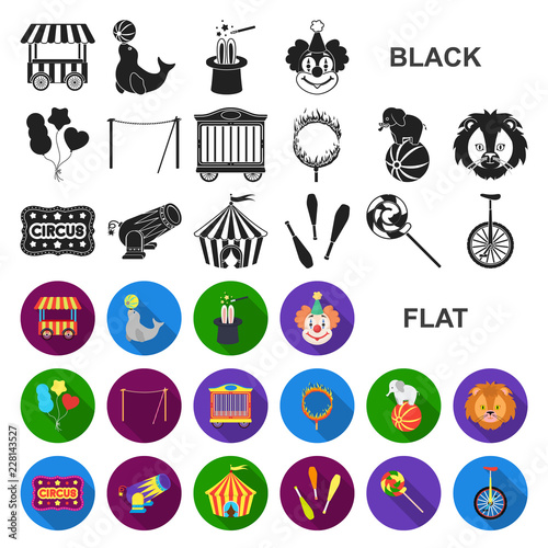 Circus and attributes flat icons in set collection for design. Circus Art vector symbol stock web illustration.