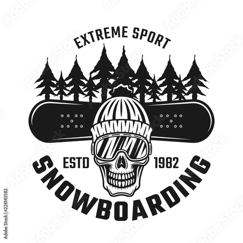 Snowboarding emblem with skull in hat, ski glasses