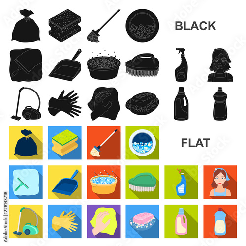 Cleaning and maid flat icons in set collection for design. Equipment for cleaning vector symbol stock web illustration.