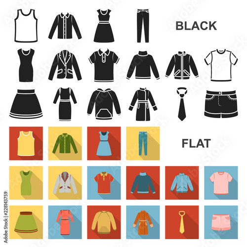 Different kinds of clothes flat icons in set collection for design. Clothes and style vector symbol stock web illustration.