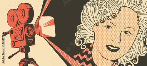 Vector banner on the theme of movie and cinema with old film projector and girl's face in retro style. Can be used for flyer, banner, poster, web page, background