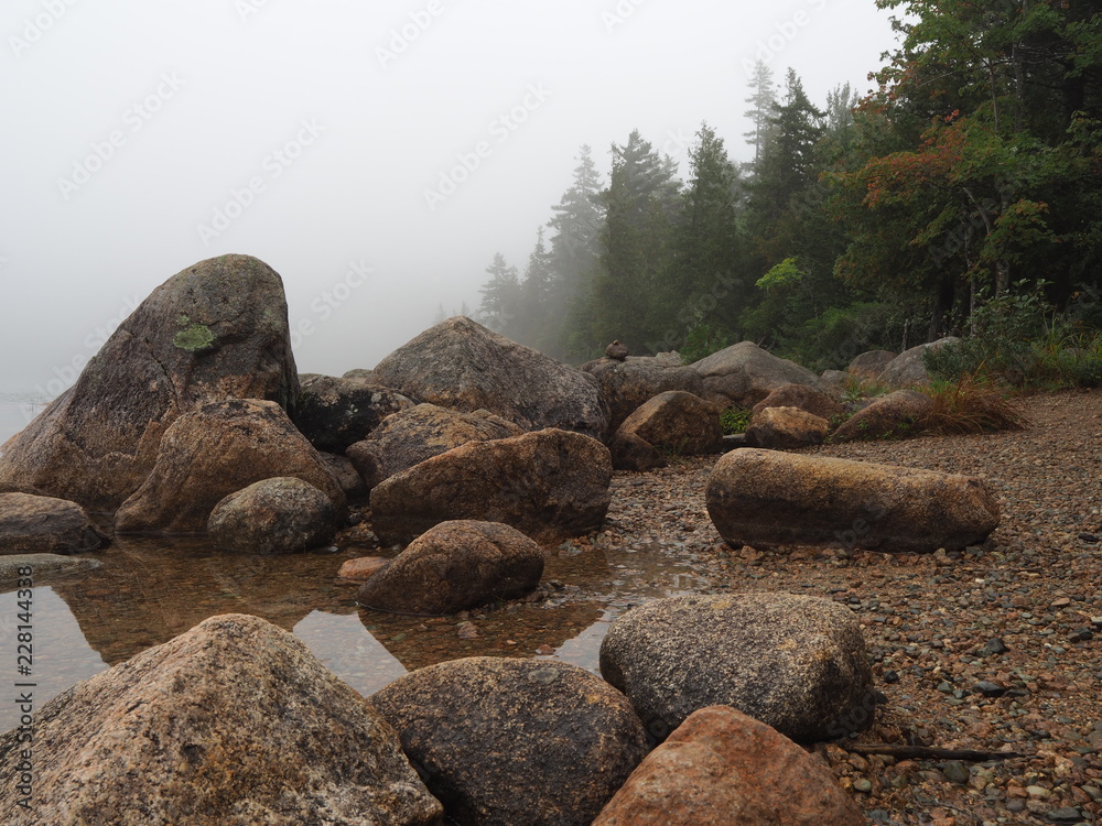 Obraz premium Jordan Pond bei Nebel aus der Froschperspektive, Maine