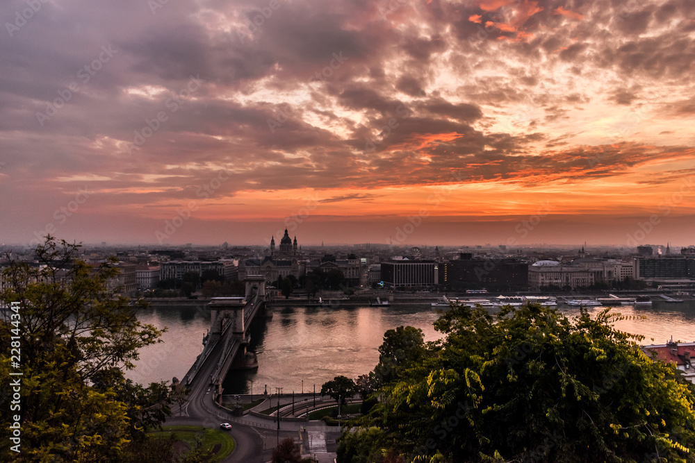Sunrise over Budapest and the Chain bridge