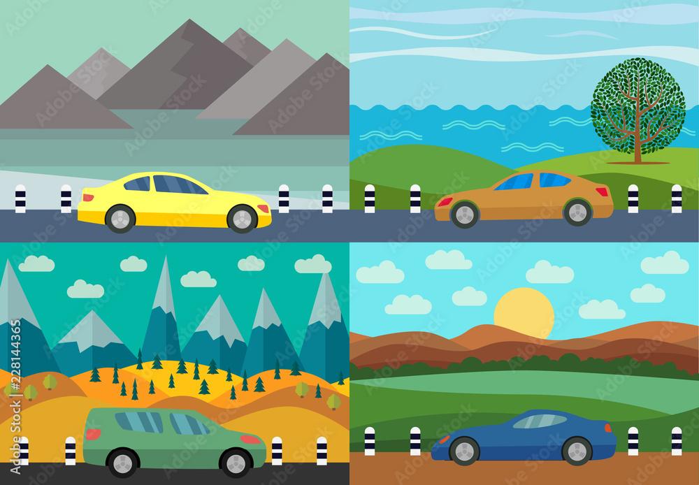 Set of four vector illustration of car on the road