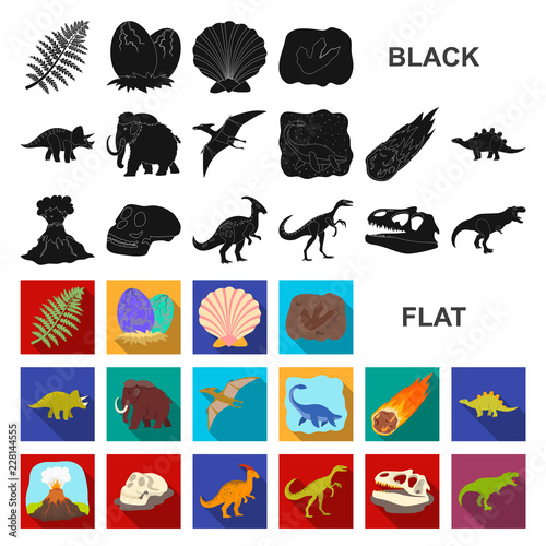 Different dinosaurs flat icons in set collection for design. Prehistoric animal vector symbol stock web illustration.