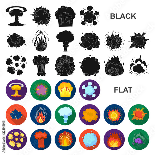 Different explosions flat icons in set collection for design.Flash and flame vector symbol stock web illustration.