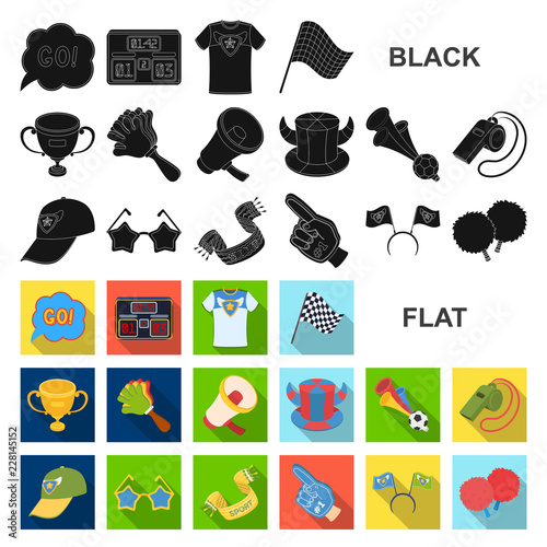 Fan and Attributes flat icons in set collection for design. Sports Fan vector symbol stock web illustration.